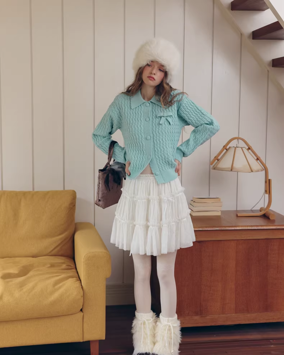 Skyblue Chest Ribbon Knit Shirt IS0008