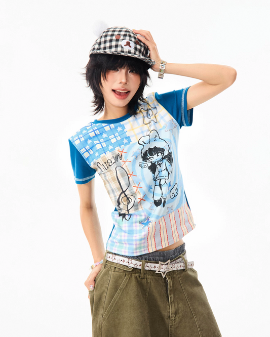 ガールデザインチェックバイカラーTシャツ MK0005