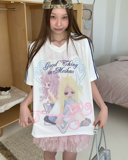 Line Sleeve Character Printed T-shirt TE0035