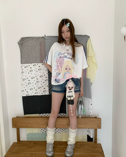 Line Sleeve Character Printed T-shirt TE0035