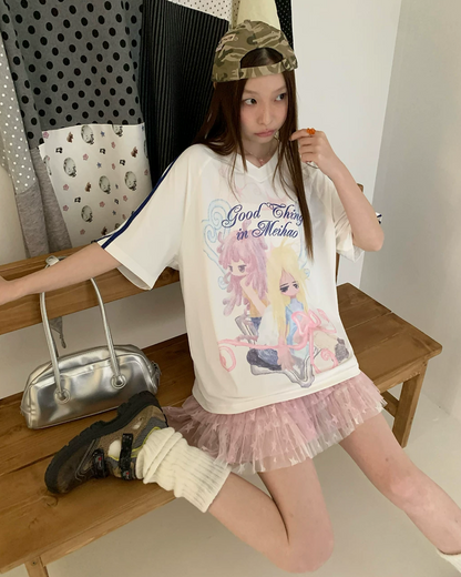 Line Sleeve Character Printed T-shirt TE0035