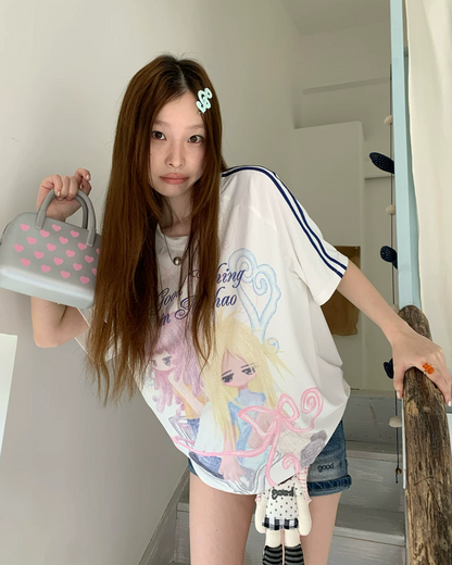 Line Sleeve Character Printed T-shirt TE0035