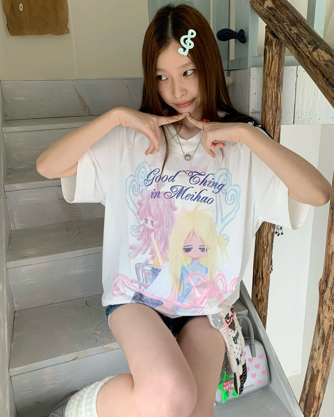 Line Sleeve Character Printed T-shirt TE0035