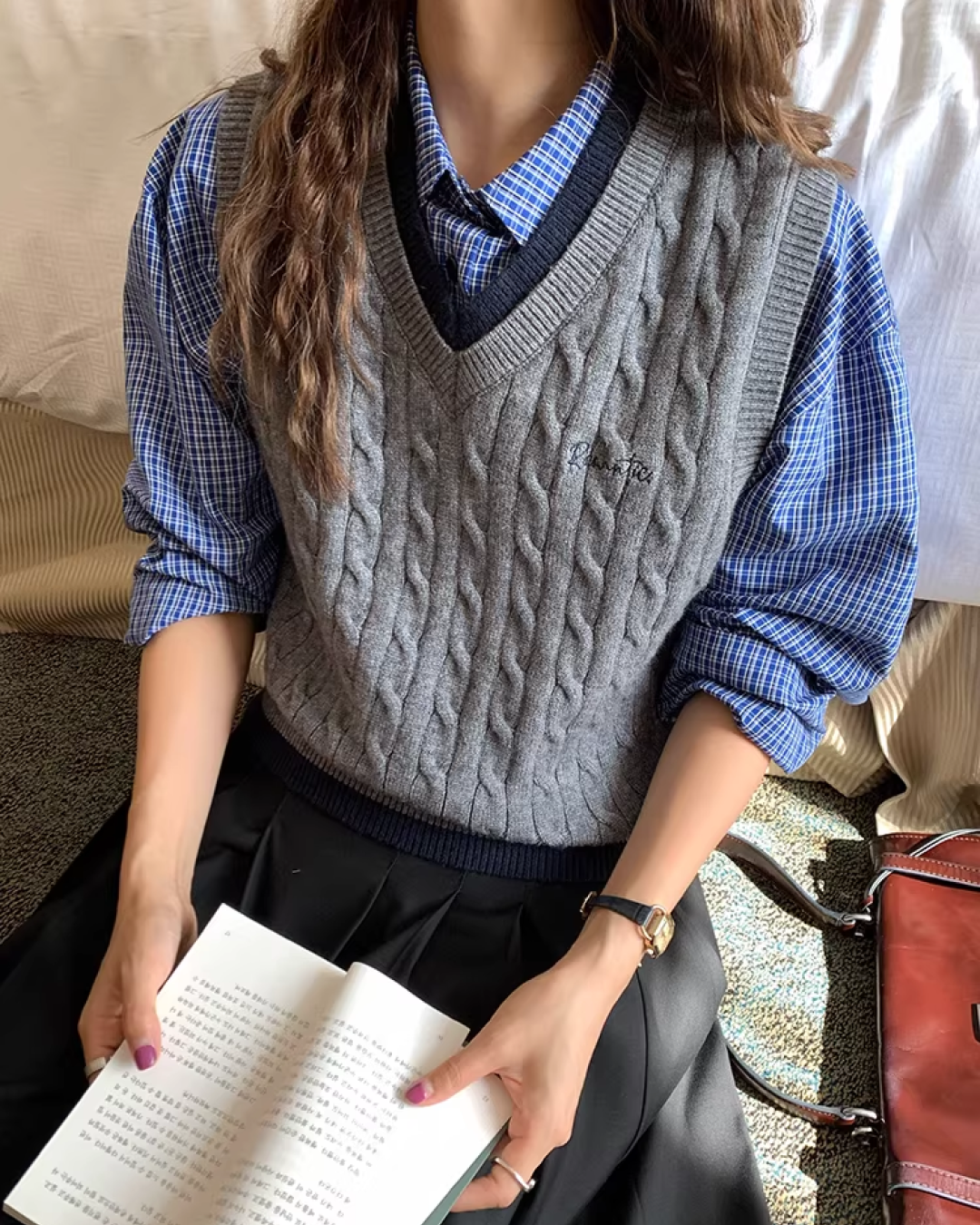 Blue Check Shirt &  Gray Knit Vest WH0003